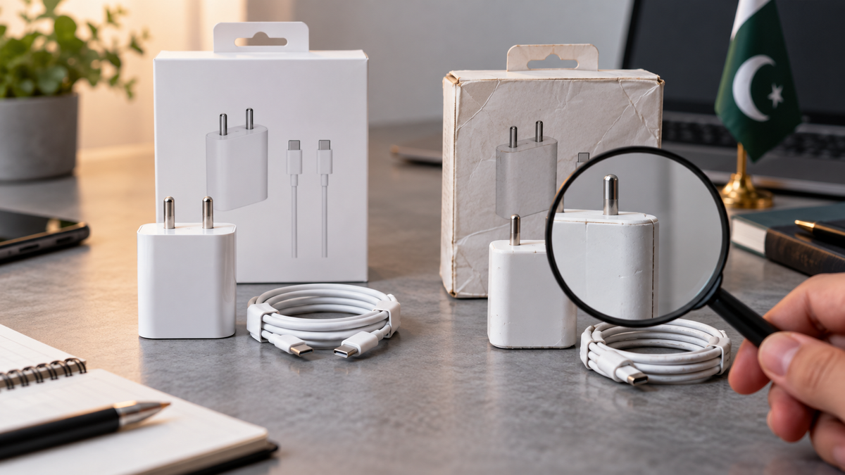 Charger and cable being inspected for authenticity in Pakistan