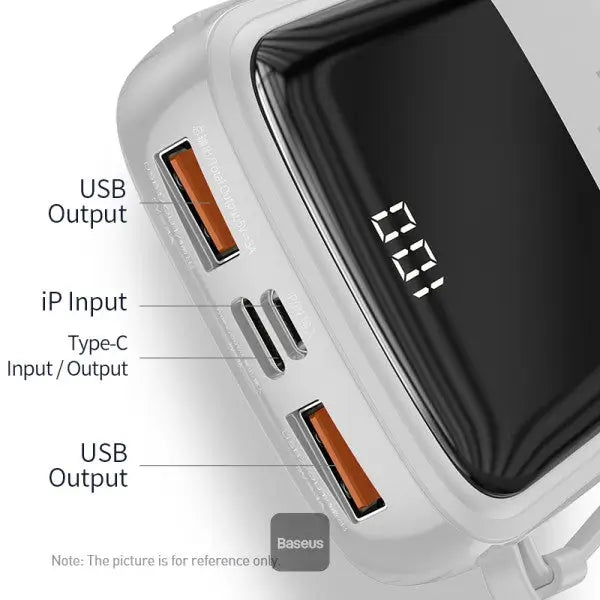 Baseus Qpow 10000mAh Power Bank Built-in Cable – close-up detail – iSmartHub Pakistan
