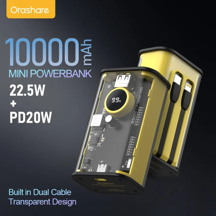 Orashare OT10CL Powerbank Built-in Cable 10000mAh Digital Display Transparent Mini Power Bank