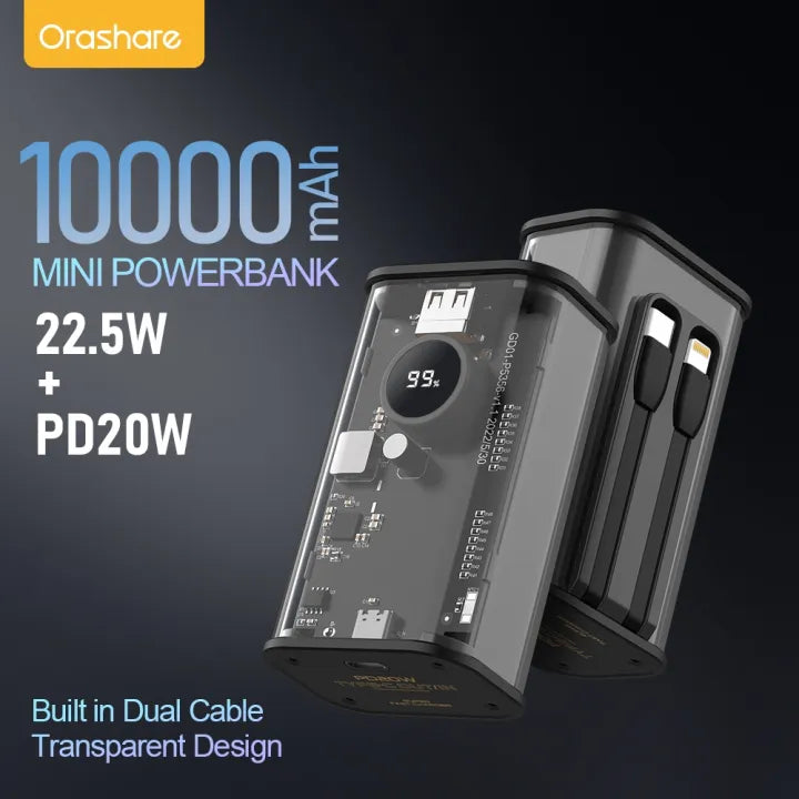 Orashare OT10CL Powerbank Built-in Cable 10000mAh Digital Display Transparent Mini Power Bank